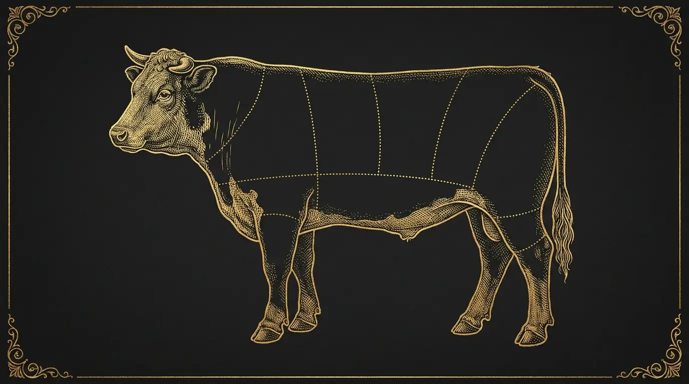 Engraved gold butcher's chart of a steer on black